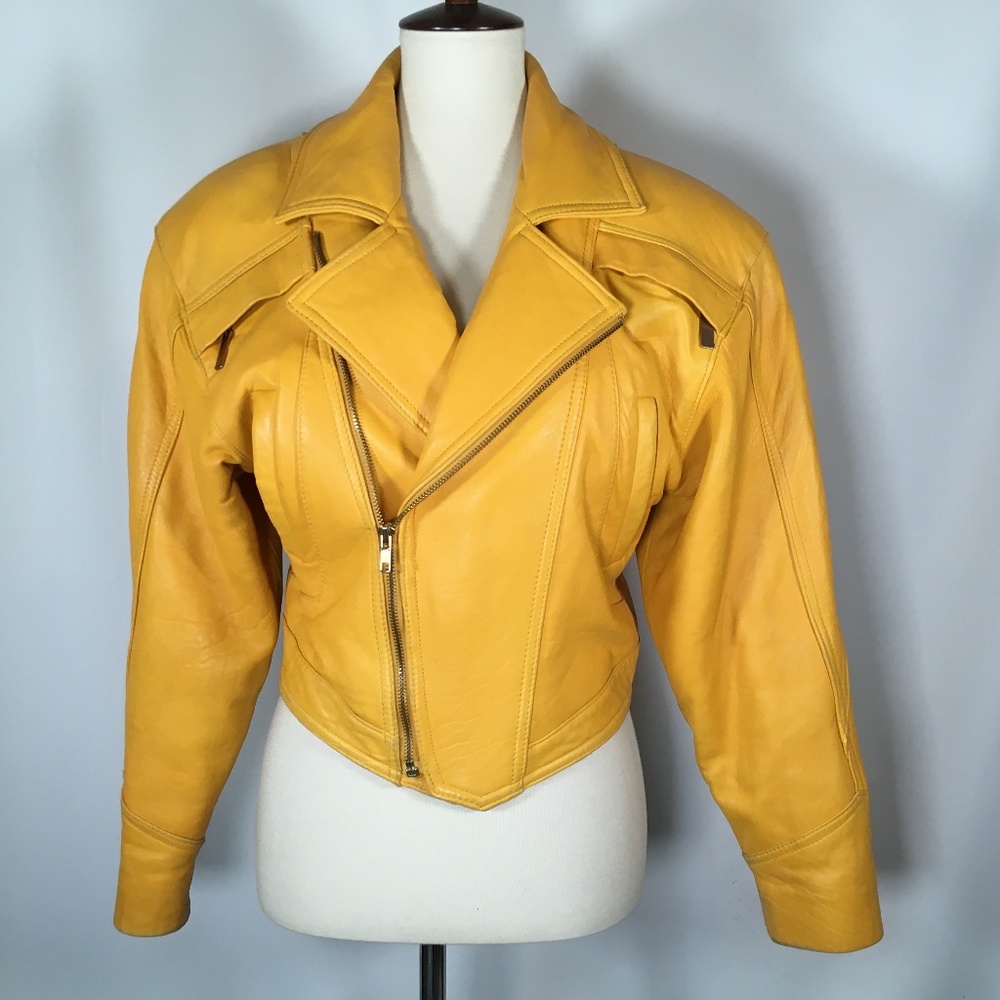 VINTAGE 80's Leather Jacket YELLOW S
